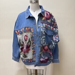 Vintage Together Denim Jacket L Floral Knit Appliqué Oversized 80s 90s Jean Coat